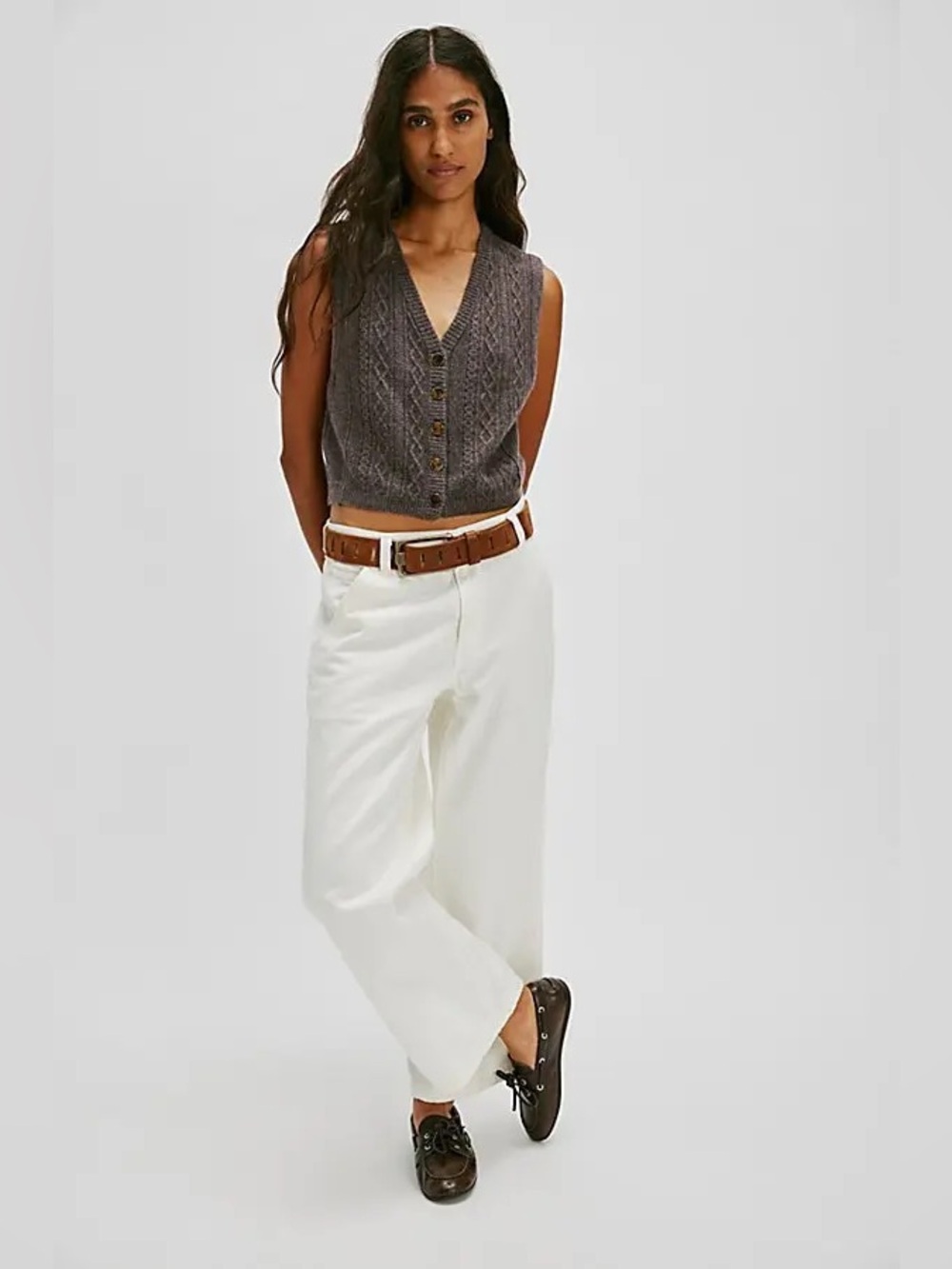 Free People Beatrice 100% Cashmere Cable Knit Button-Front Vest in Plum Truffle - Picture 4 of 10